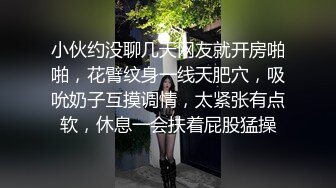 小伙约没聊几天网友就开房啪啪，花臂纹身一线天肥穴，吸吮奶子互摸调情，太紧张有点软，休息一会扶着屁股猛操